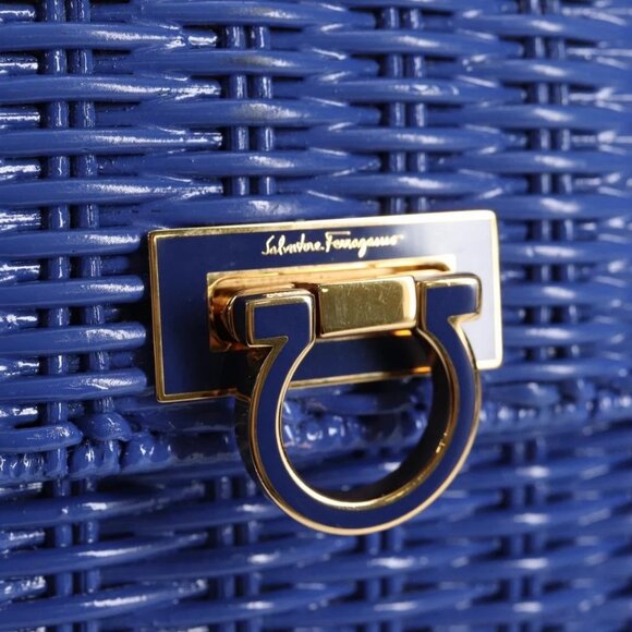 Salvatore Ferragamo Gancini Hand Bag Wicker 2way Blue Gold Auth 135631V - Picture 12 of 16